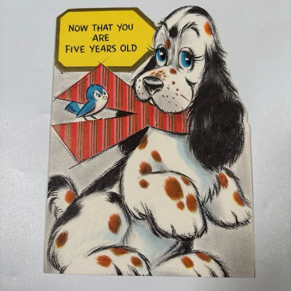 Vintage Hallmark Birthday Card Puppy Dog Embossed Die Cut Anthropomorphic Decor